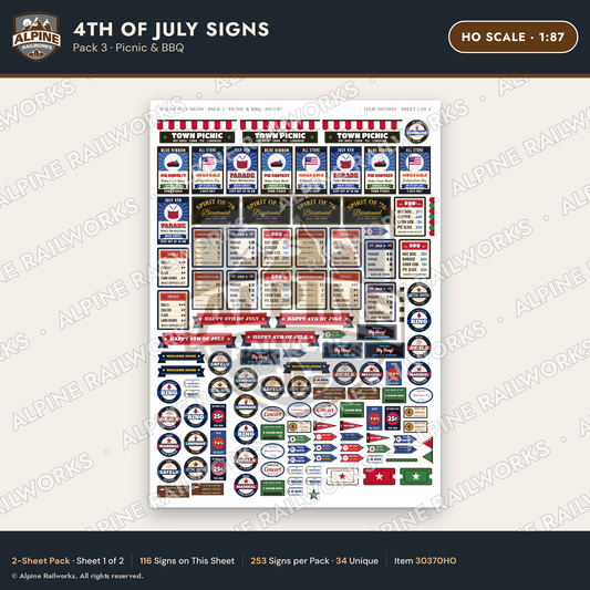 Alpine Railworks 30370HO HO Scale 4th of July Signs - Picnic & BBQ