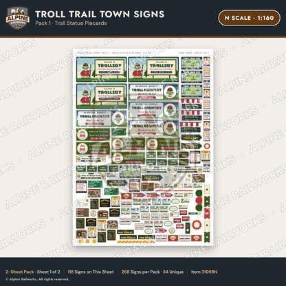 Alpine Railworks 31098N N Scale Roadside Attraction Signs - Troll Town