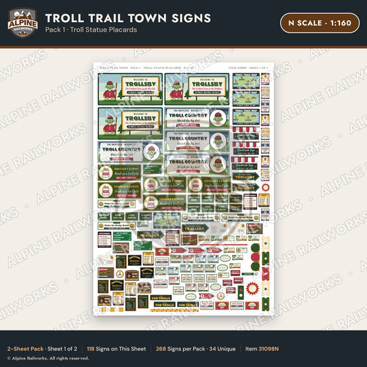 Alpine Railworks 31098N N Scale Roadside Attraction Signs - Troll Town