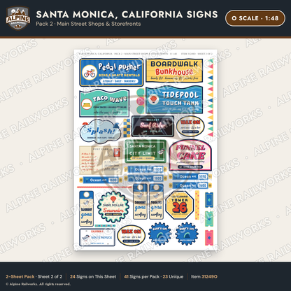 Alpine Railworks 31249O O Scale Santa Monica CA Signs - Shops