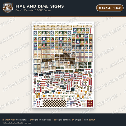 Alpine Railworks 30110N N Scale Five and Dime Signs - Victorian 5