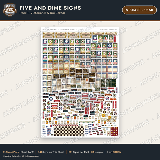 Alpine Railworks 30110N N Scale Five and Dime Signs - Victorian 5