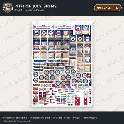 Alpine Railworks 30368HO HO Scale 4th of July Signs - Hometown Parade