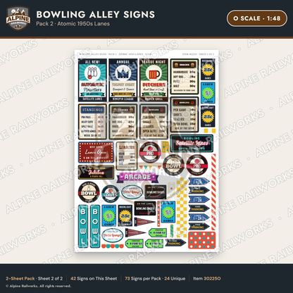 Alpine Railworks 30225O O Scale Bowling Alley Signs - Atomic Lanes