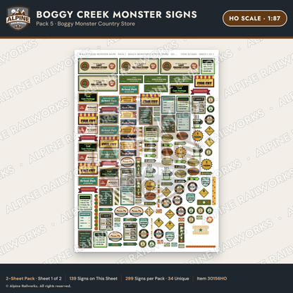 Alpine Railworks 30156HO HO Scale Boggy Creek Monster Signs