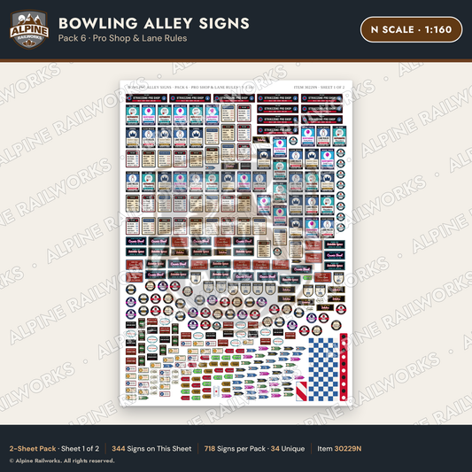 Alpine Railworks 30229N N Scale Bowling Alley Signs - Pro Shop