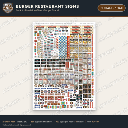 Alpine Railworks 30449N N Scale Burger Restaurant Signs