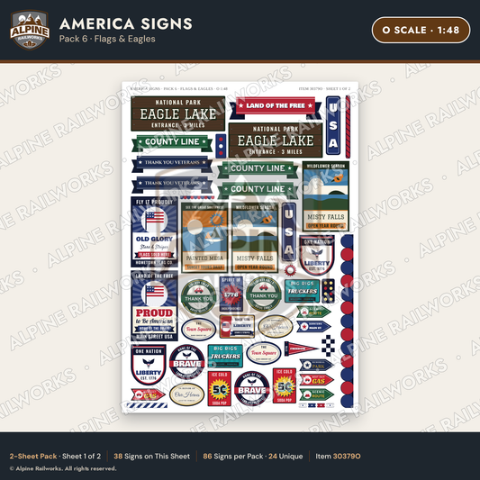 Alpine Railworks 30379O O Scale America Signs - Flags & Eagles