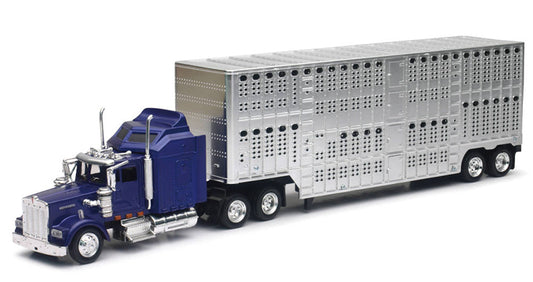 New Ray 15243B 1/43 Kenworth W900 Livestock Trailer, Blue