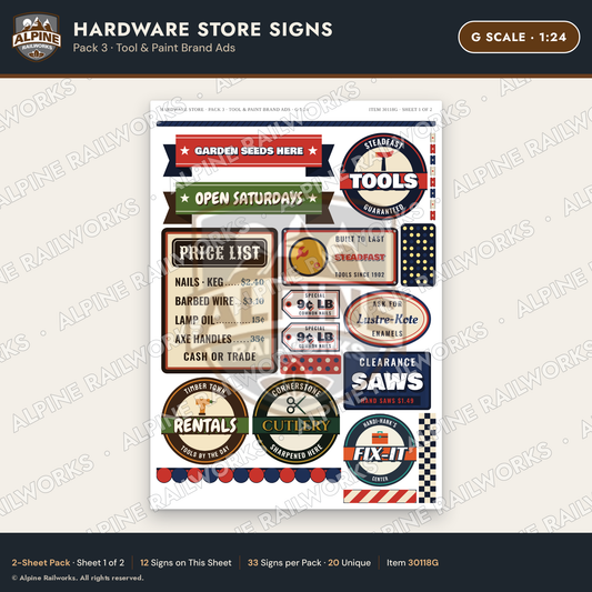 Alpine Railworks 30118G G Scale Hardware Store Signs - Tool