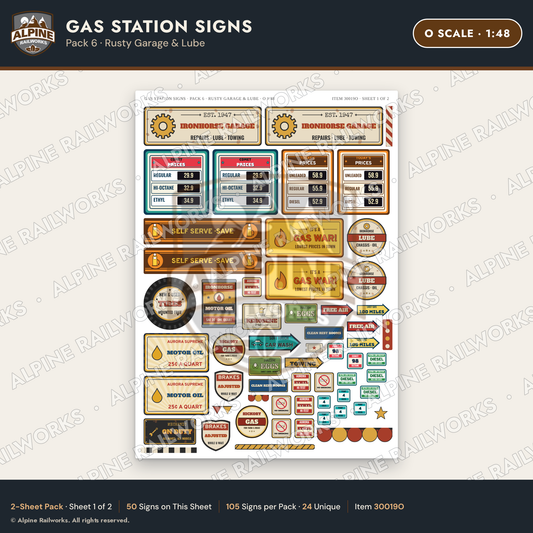 Alpine Railworks 30019O O Scale Gas Station Signs - Rusty Garage