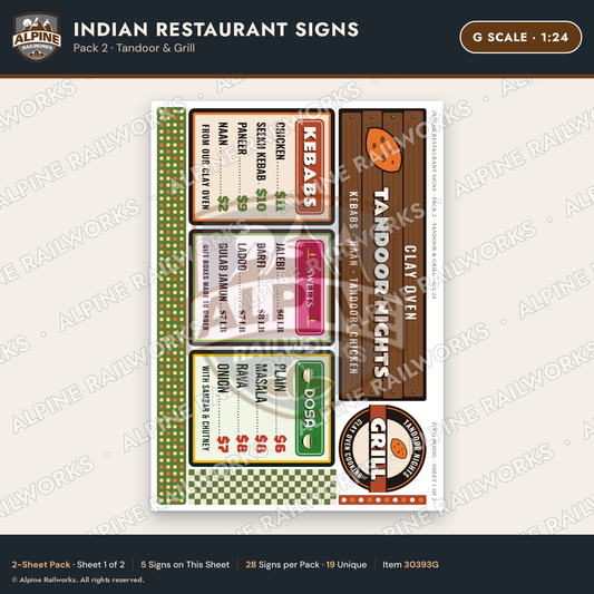 Alpine Railworks 30393G G Scale Indian Restaurant Signs - Tandoor
