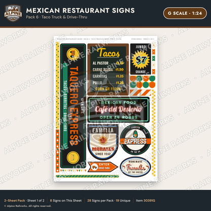 Alpine Railworks 30391G G Scale Mexican Restaurant Signs - Taco Truck