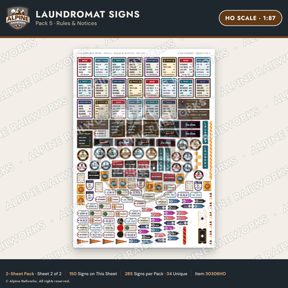 Alpine Railworks 30306HO HO Scale Laundromat Signs - Rules & Notices