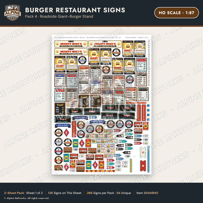 Alpine Railworks 30449HO HO Scale Burger Restaurant Signs