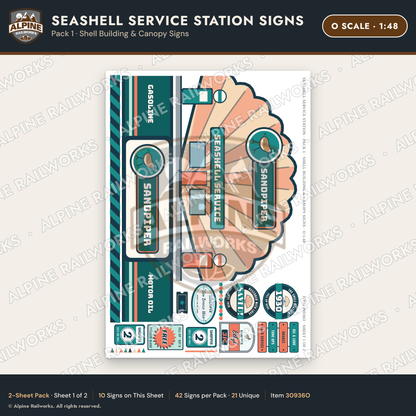Alpine Railworks 30936O O Scale Roadside Signs - Seashell Gas Station