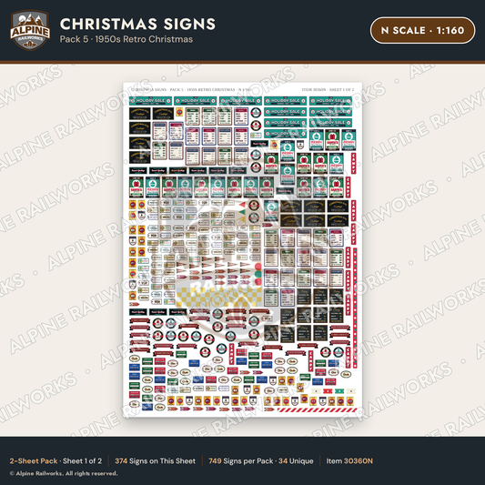 Alpine Railworks 30360N N Scale Christmas Signs - Retro Christmas