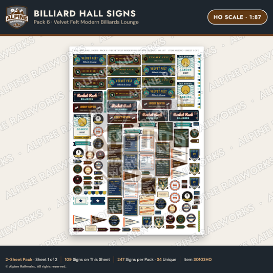 Alpine Railworks 30103HO HO Scale Billiard Hall Signs
