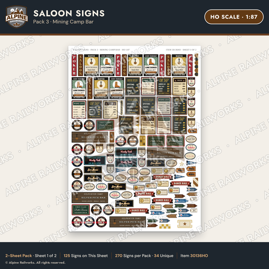 Alpine Railworks 30136HO HO Scale Saloon Signs - Mining Camp Bar