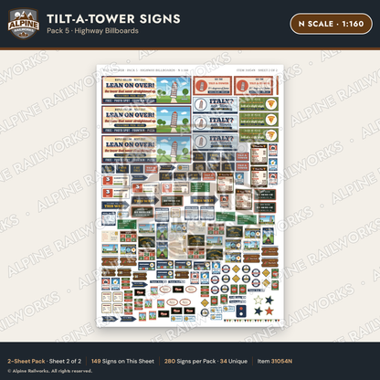 Alpine Railworks 31054N N Scale Roadside Signs - Leaning Tower