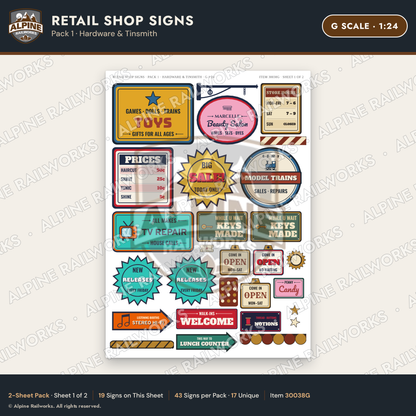 Alpine Railworks 30038G G Scale Retail Shop Signs - Hardware
