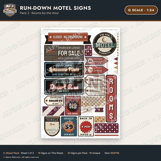 Alpine Railworks 30471G G Scale Run-Down Motel Signs