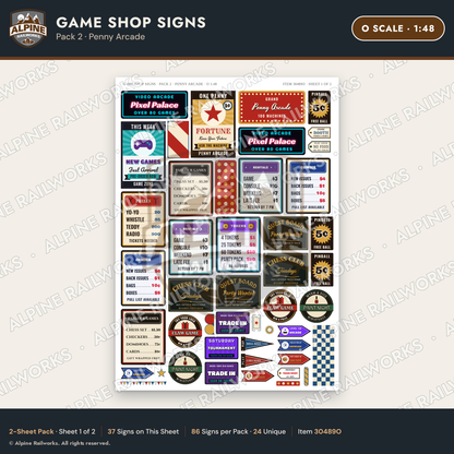 Alpine Railworks 30489O O Scale Game Shop Signs - Penny Arcade