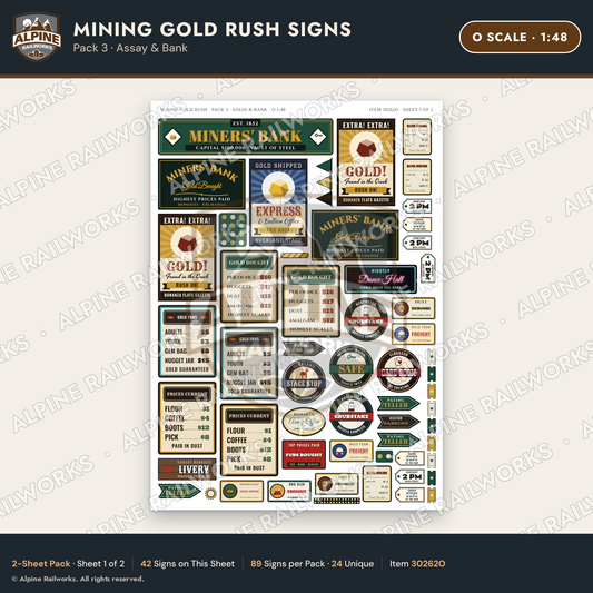Alpine Railworks 30262O O Scale Mining Gold Rush Signs - Assay & Bank
