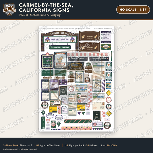 Alpine Railworks 31430HO HO Scale Carmel CA Signs - Motels & Inns
