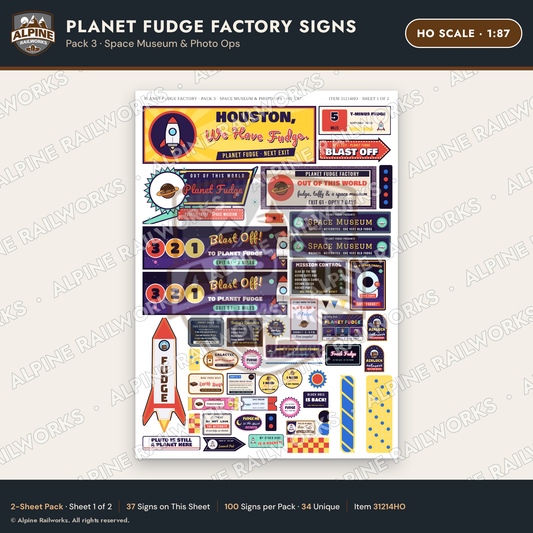 Alpine Railworks 31214HO HO Scale Fudge Factory Signs - Space Museum