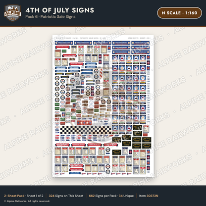 Alpine Railworks 30373N N Scale 4th of July Signs - Patriotic Sale
