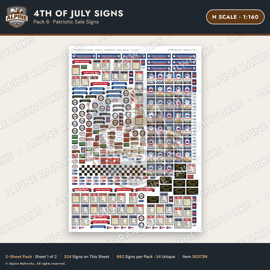 Alpine Railworks 30373N N Scale 4th of July Signs - Patriotic Sale