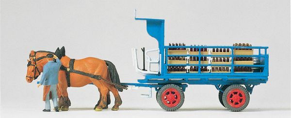 Preiser 30445 HO Scale Horse-Drawn Wagons -- Beer Wagon with 2-Horse Team