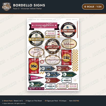 Alpine Railworks 30274G G Scale Bordello Signs