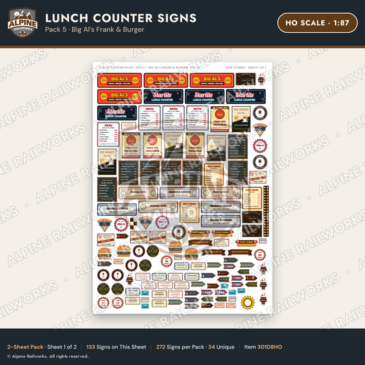 Alpine Railworks 30108HO HO Scale Lunch Counter Signs - Big Al's Frank