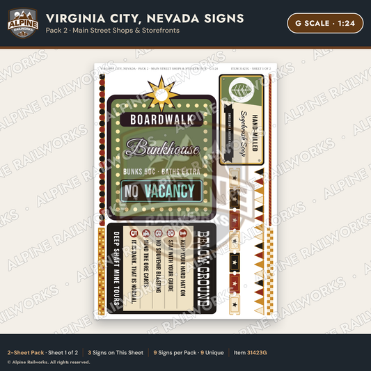 Alpine Railworks 31423G G Scale Virginia City NV Signs - Shops