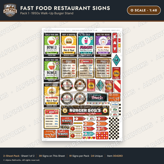 Alpine Railworks 30428O O Scale Fast Food Restaurant Signs