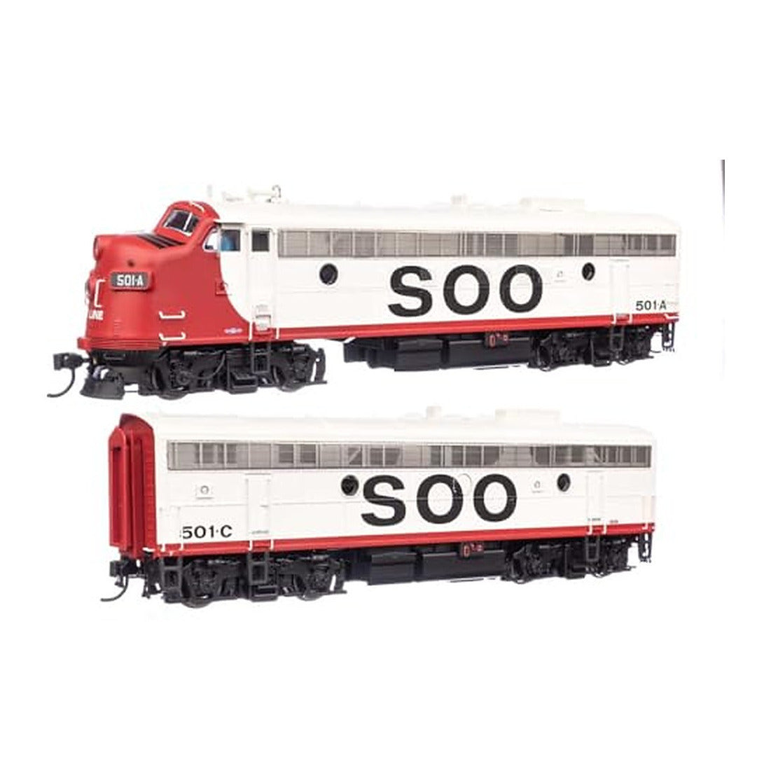 walthers proto 920 49554 ho scale emd fp7 f7b standard dc soo line 501a 501c white red black
