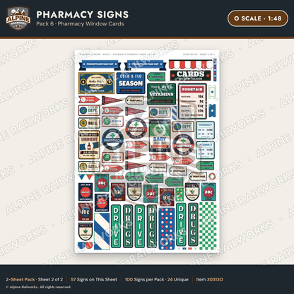 Alpine Railworks 30313O O Scale Pharmacy Signs - Pharmacy Window Cards