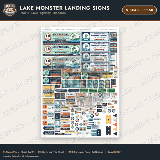 Alpine Railworks 31108N N Scale Roadside Signs - Lake Monster