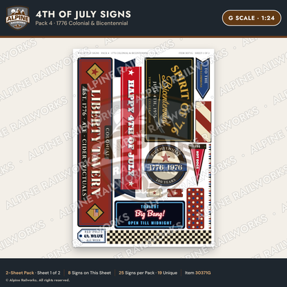 Alpine Railworks 30371G G Scale 4th of July Signs - 1776 Colonial