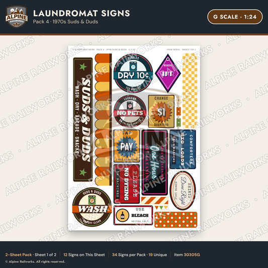 Alpine Railworks 30305G G Scale Laundromat Signs - 1970s Suds & Duds
