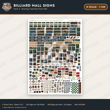 Alpine Railworks 30099N N Scale Billiard Hall Signs