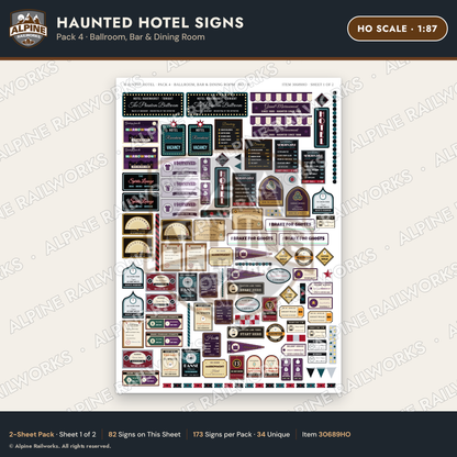 Alpine Railworks 30689HO HO Scale Haunted Hotel Signs - Ballroom & Bar