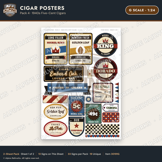 Alpine Railworks 30191G G Scale Cigar Posters - 1940s Five-Cent Cigars