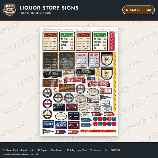 Alpine Railworks 30295O O Scale Liquor Store Signs - Rules & Hours