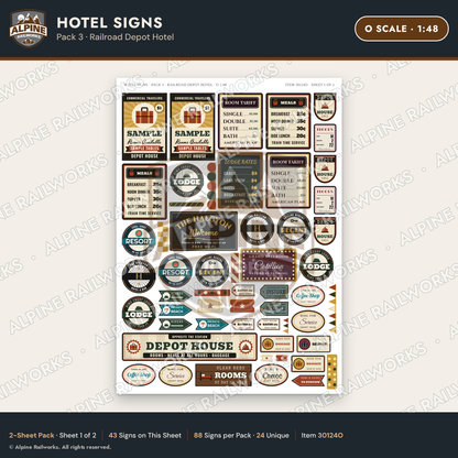 Alpine Railworks 30124O O Scale Hotel Signs - Railroad Depot Hotel