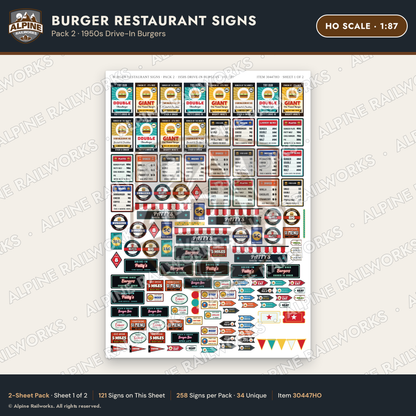 Alpine Railworks 30447HO HO Scale Burger Restaurant Signs