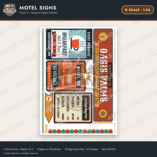Alpine Railworks 30131G G Scale Motel Signs - Desert Oasis Motel