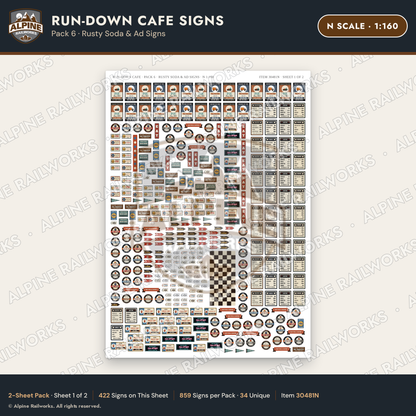 Alpine Railworks 30481N N Scale Run-Down Cafe Signs - Rusty Soda & Ad